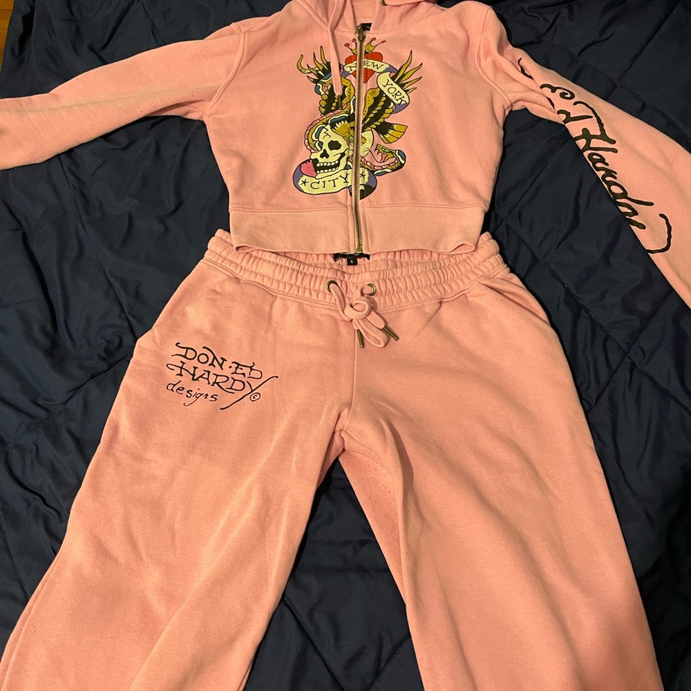 Ed Hardy Pink Skull Graphic Hoodie and Pants Set